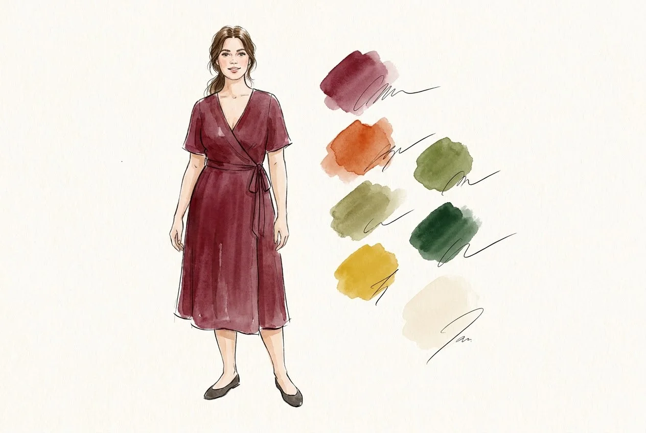 Stil-Illustration: Frau im Bordeaux-Wickelkleid neben ihrer Herbst-Farbpalette